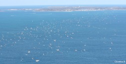 Swimmers and support boats and paddlers in the Rottnest Channel Swim