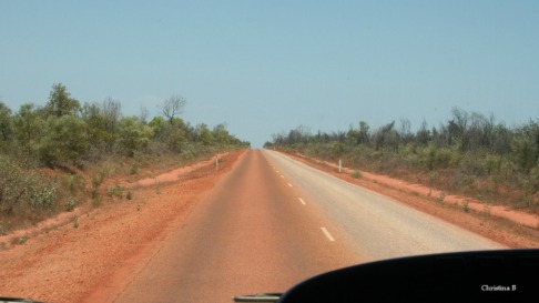 The road north of Broome (not a great photo as it was taken out of a moving bus) showing the red discolouring of the road where vehicles have travelled after driving on the red sand